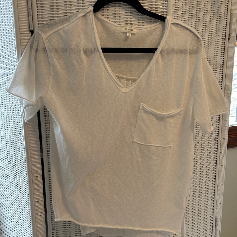 LA MIEL Sheer White V-Neck Tee with Pocket
